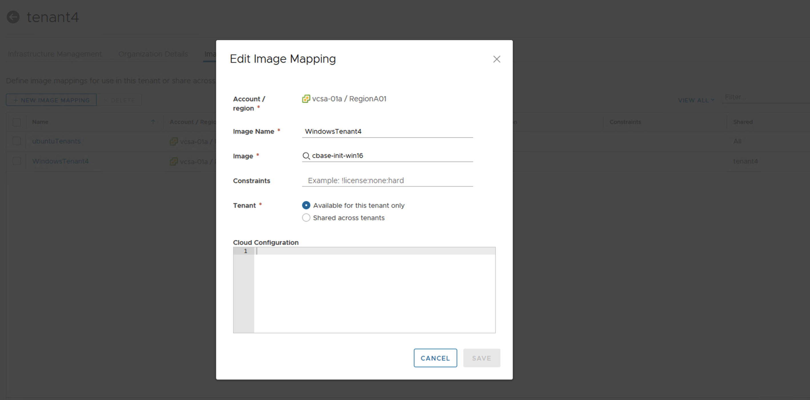 Tenant Management Image Mappings Availability